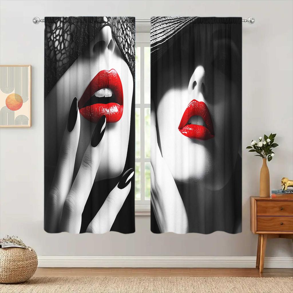 2 st Gardiner med tryck av flammande röda läppar för heminredning - Kanalfållsfönsterbehandling för sovrum, kontor, kök, vardagsrum