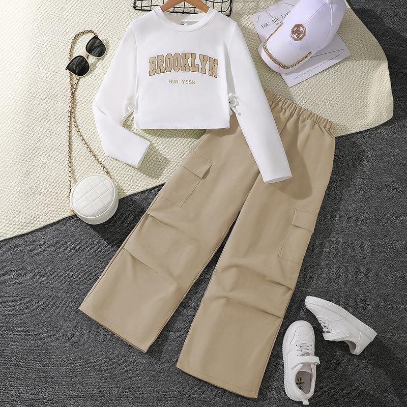 Mädchen Big Kids 2-teiliges Set Buchstabendruck Langarm-Sweatshirt mit Cargohose Amerikanischer Stil Lässiges Outfit für Frühling Herbst