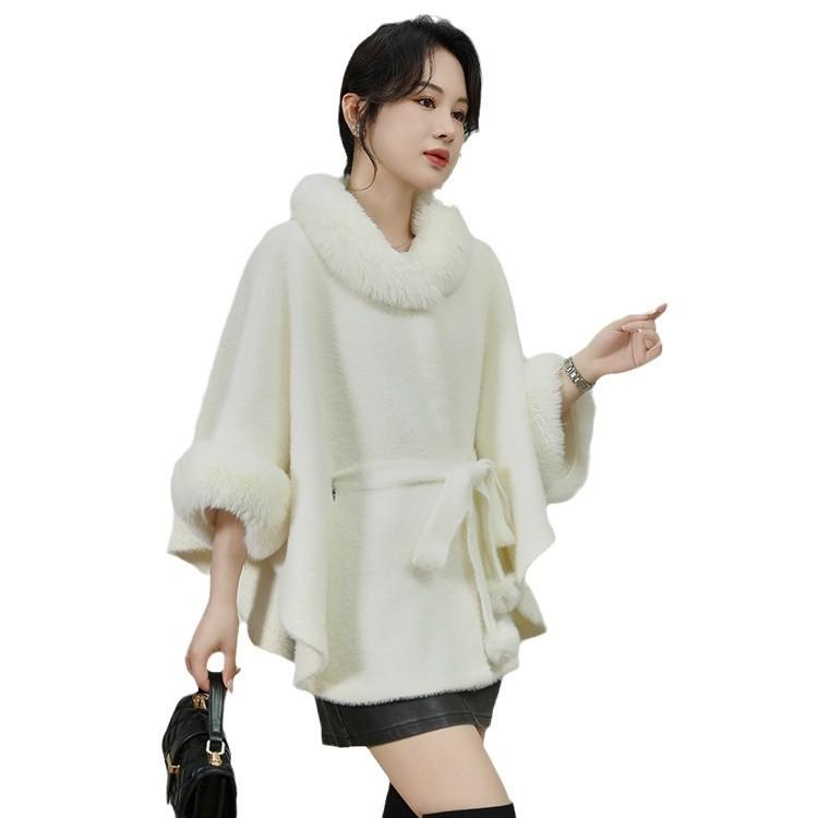 Big Fur Collar High-End Belt Shawl Cape Temperament Stand-Up Collar Short Coat Women