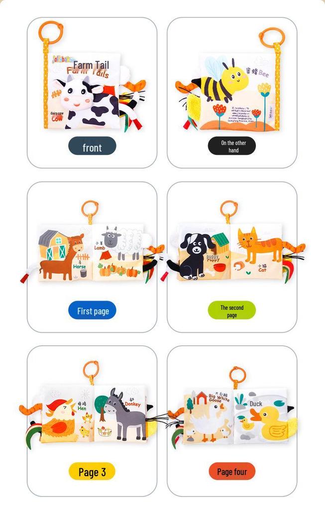 Jollybaby Deluxe Animal Tail Cloth Book - Tear-Resistant, Chewable Educational Toy for Infants