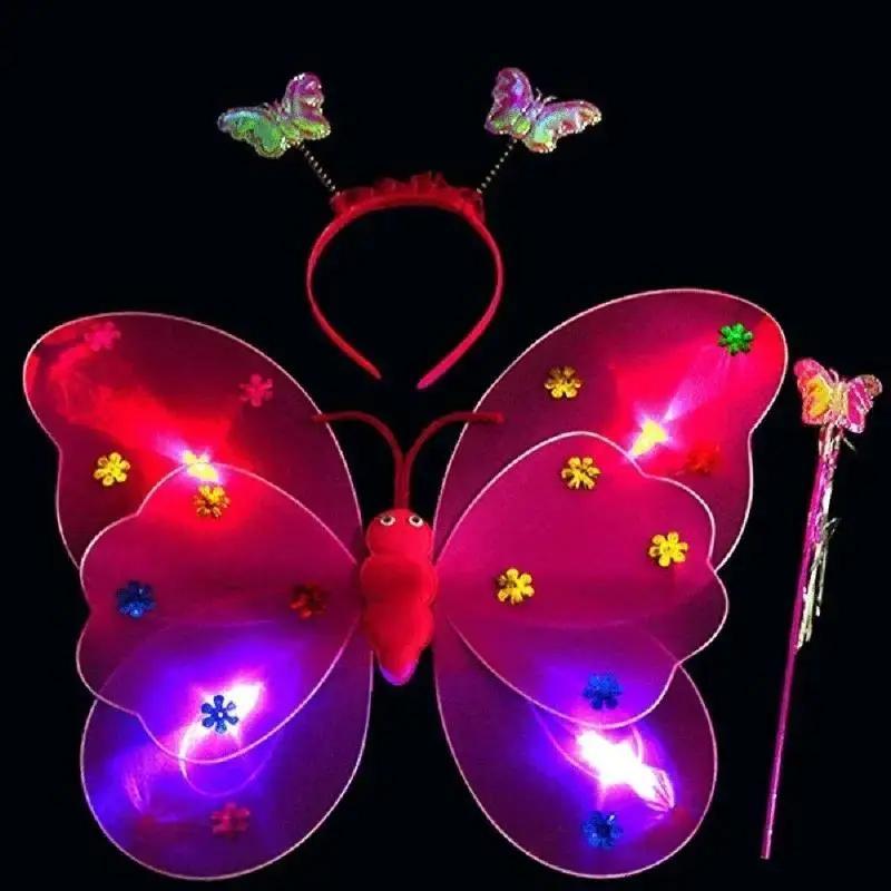 3 Stück/Set Doppelschichtige Mädchen LED Blinklicht Fee Schmetterlingsflügel Zauberstab Stirnband Kostüm Spielzeug Geschenk