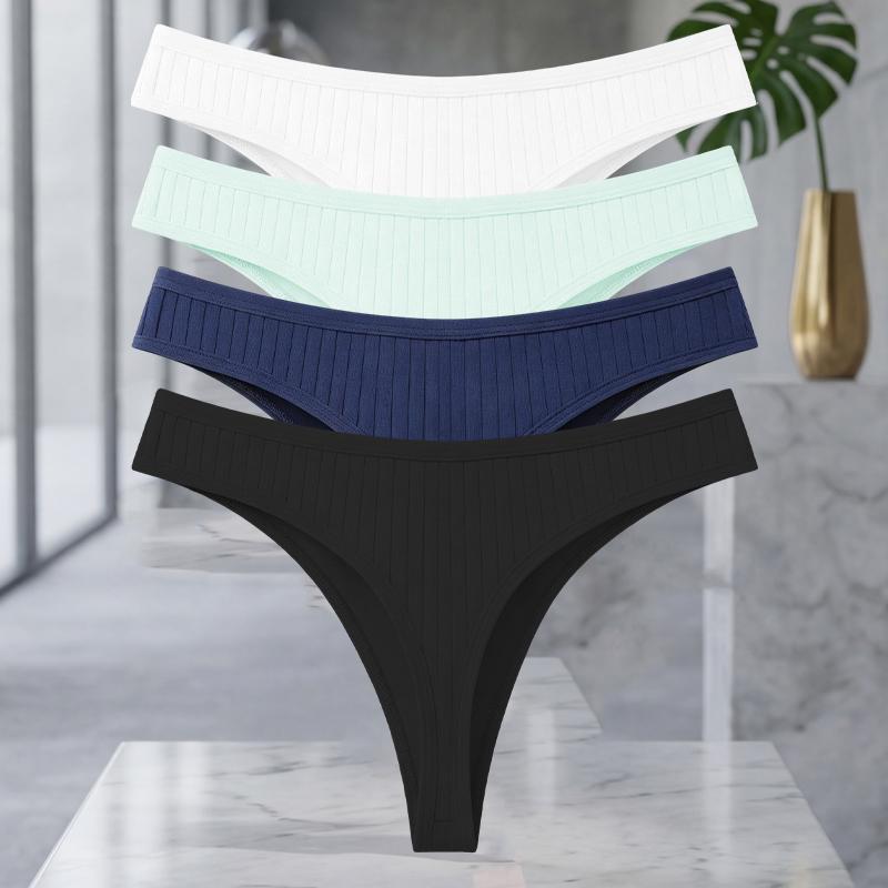 FINETOO 4Pcs/Set Cotton Ribbed Thongs For Women Seamless Solid Color High Quality Underwear Ladies Cozy Breathable Sexy G-String