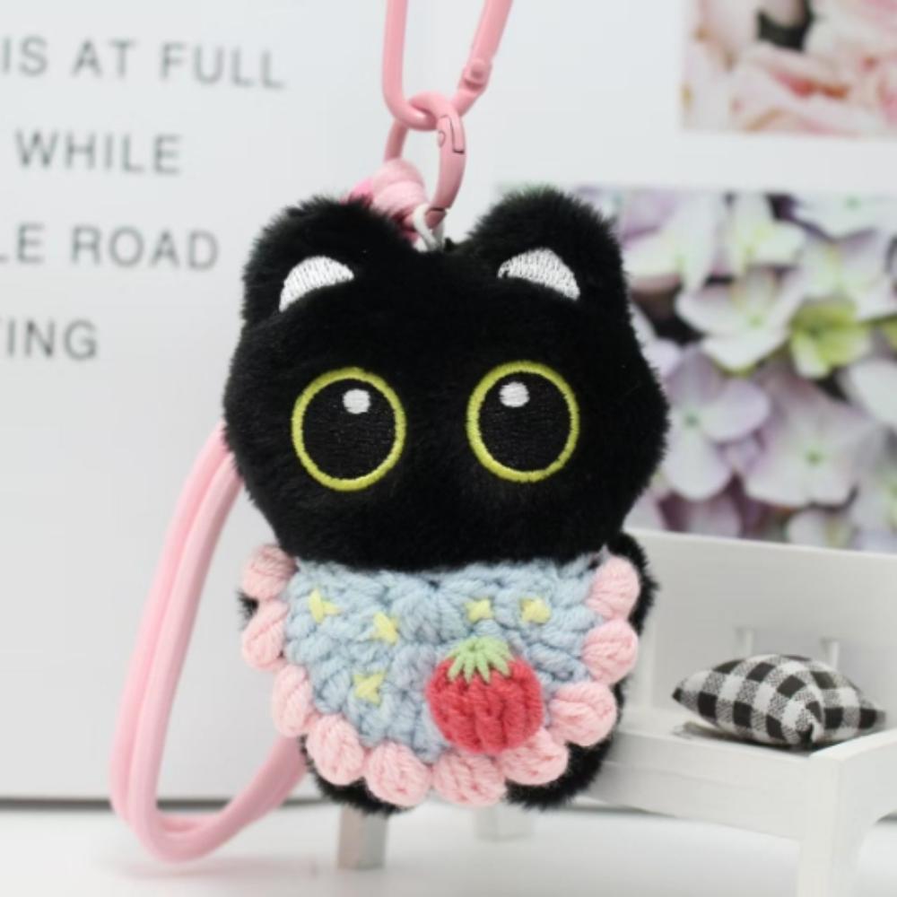 With Woven Bracelet Cat Pendant Squeak Car Key Ring Cute Black Cat Plush Doll Keychain  Gifts
