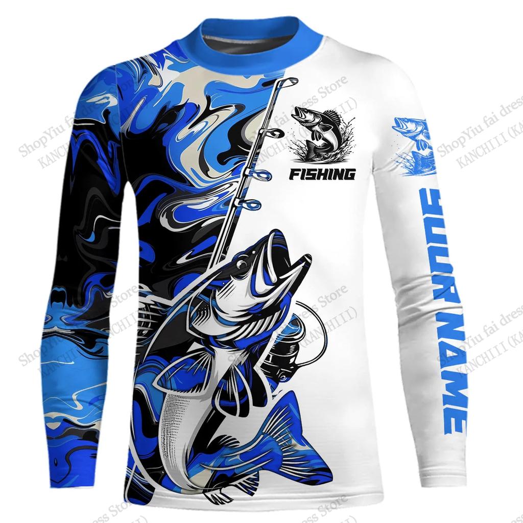 Blue Camo Fishing 3D Print Long Sleeve Crew Neck T-shirt Men Women Fashion Tops Tees Fishing Lover Tshirt Mens Clothing