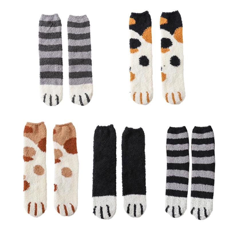 

5 пар/лот, плюшевые носки для женщин, коралловые бархатные осенне-зимние утолщенные теплые чулки, носки-тапочки, милые домашние универсальные женские носки с кошачьими когтями EUR35-40