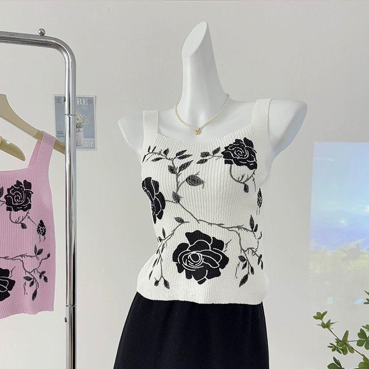 

Women s Summer French Rose Temperament Square Neck Knit Camisole Lazy Lining Sleeveless Slim Short Top S