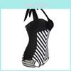 Elegante Costume da Bagno Nero con Scollo a V Profondo e Spalline Sottili Taglie Forti per Costumi da Bagno a Strisce Donna