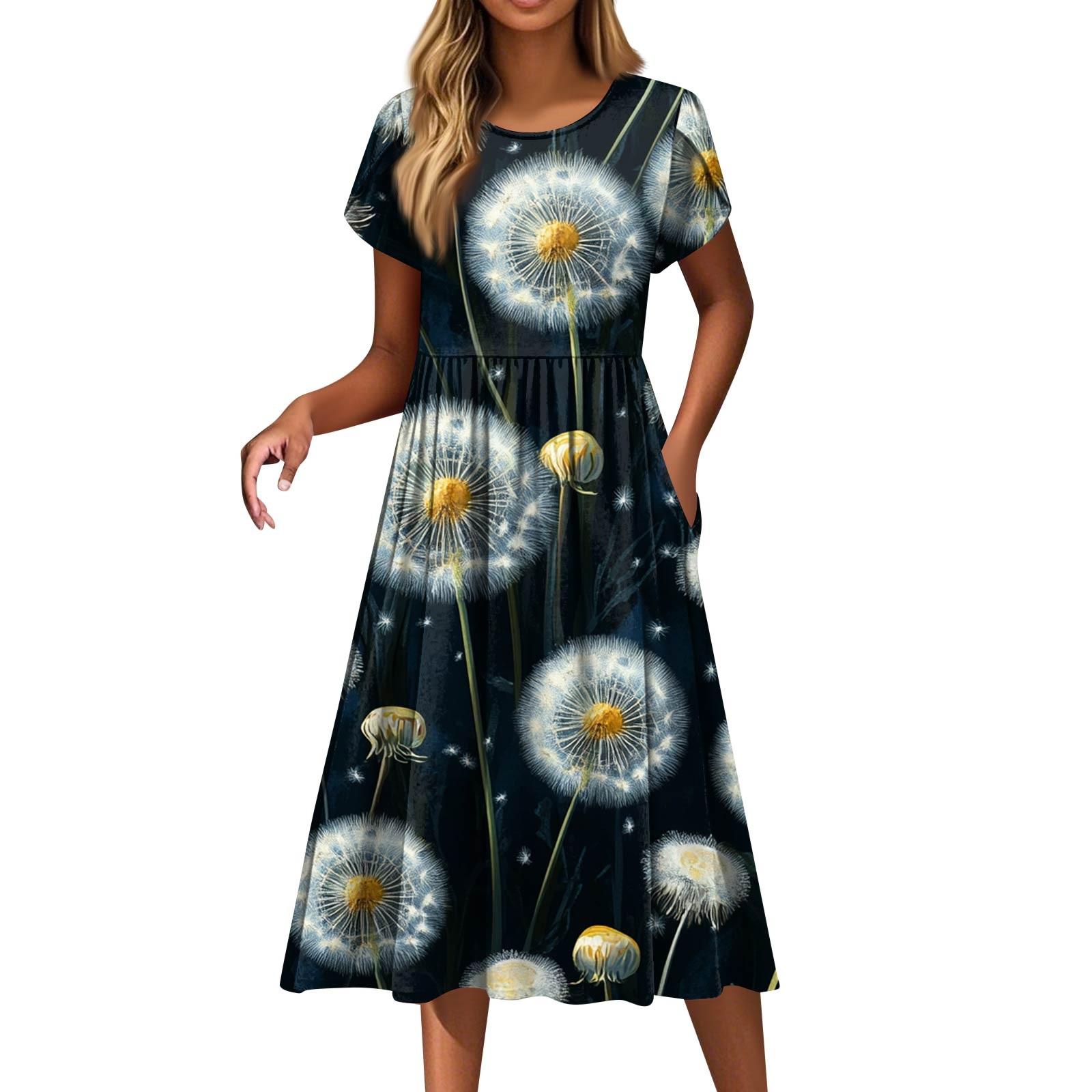 

Женские платья Винтажные цветочные платья с круглым вырезом и коротким рукавом L белый