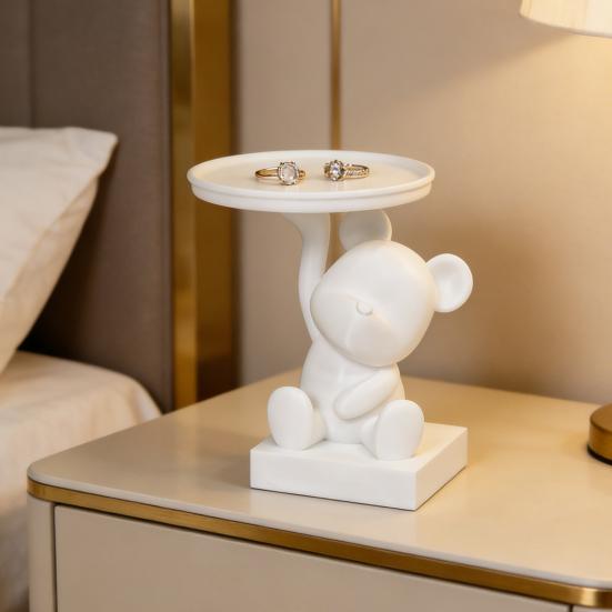 Bear Serving Tray Key Holder Decorative Bear Figurine with Dish Candy Lipsticks Earrings Jewelry Storage Display Stand Table Desk Organizer