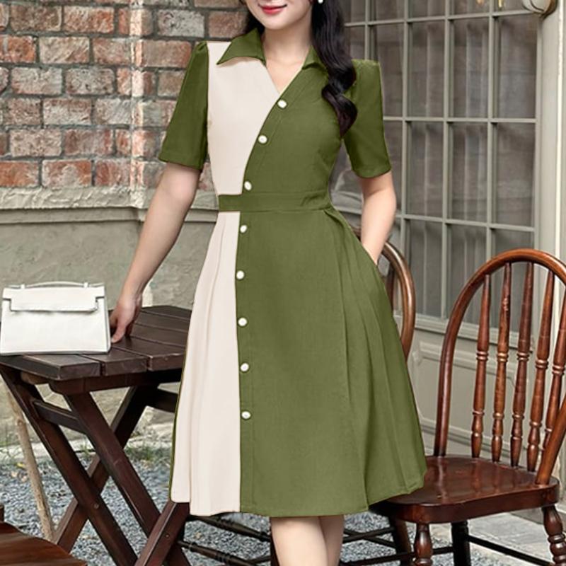 

ZANZEA Женское повседневное платье с отложным воротником и короткими рукавами в стиле пэчворк M армия зеленый