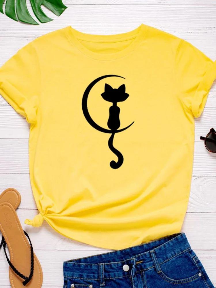 Cat Sit On Moon Print Women T Shirt Short Sleeve O Neck Loose Women Tshirt Ladies Tee Shirt Tops Clothes Camisetas Mujer
