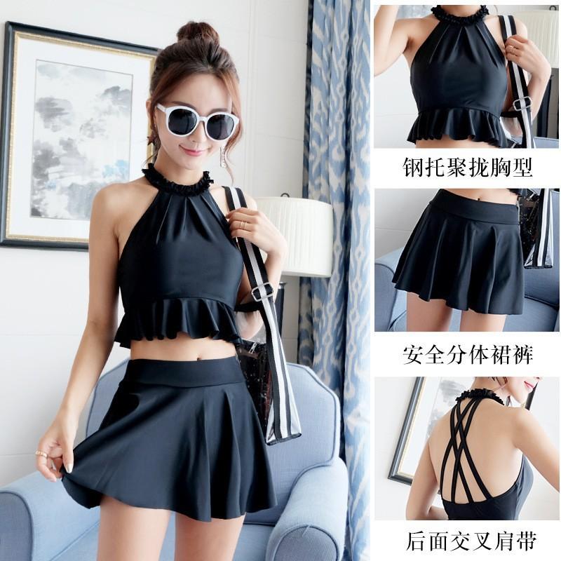 Qilang Swimsuit Women's Three-piece Korean Hot Spring Small Fragrant Style Conservative Belly Cover Small Breasts Gathering Skirt Hot Spring Swimsuit