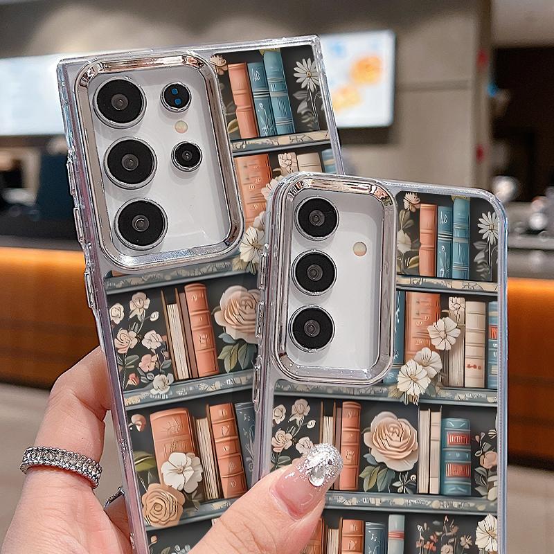Vintage Flower Print Case For Samsung S26 S25 Ultra S24 Plus S23 S22 S21 FE A54 A55 A16 A36 A56 A17 A37 A57 5G Plating Lens Clear Soft Cover