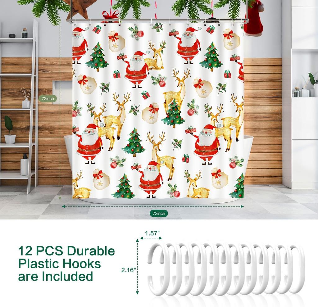 Christmas Shower Curtain Santa Claus Reindeer Tree Gift Design Holiday Theme Festive Decor Waterproof Fabric Xmas Bathroom
