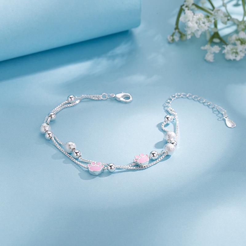 925 Silver Double Love Heart Hollow Round Beads Bracelet Female Fashion Romantic Jewelry Classic Adjustable