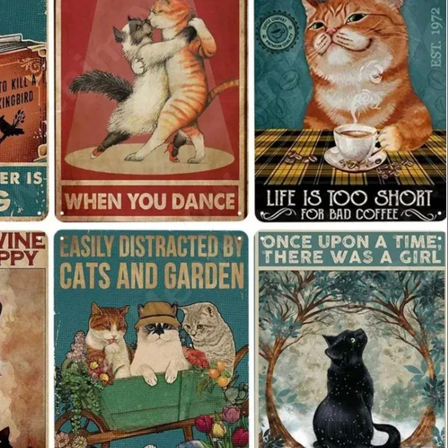 

cats and Wine Make Me Happy Retro Tin Sign Tuxedo Cat Metal Sign Golfing Cat Plaque Poster Home Cafe Bar Bathroom Wall Decor 20x30cm（7.8x11.8inch）