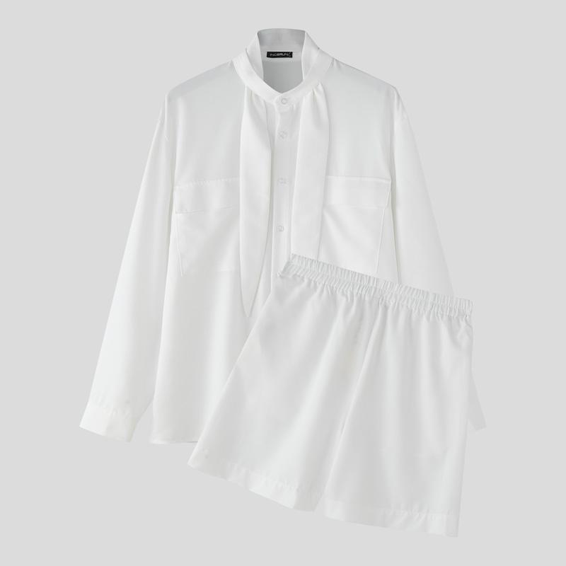 

INCERUN Two Pieces Men Tie Up Long Sleeve Shirts Short Pants Casual Sets 4XL белый