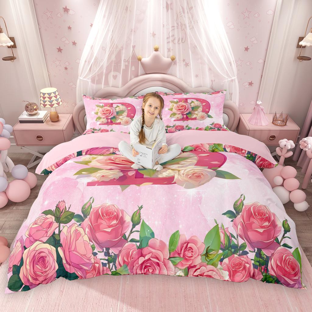 Homewish Girly Cute Pink Duvet Cover Set For Kids Girls Initial Letter A To T Bed Set Chic Floral Flower Quilt Cover Set