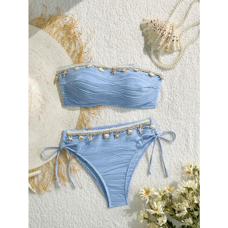 Women Sexy Solid Color Strapless Shell Bikini Beach Vacation Swimming Suit S