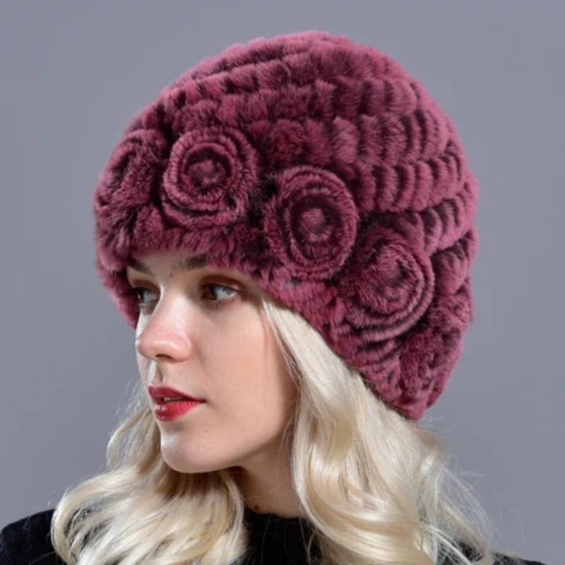 Raglaido Rabbit Fur Hats for Women Winter Floral Real Fur Hat Women's Beanies Elastic Warm Fashion Ladies Snow Hat LQ11204