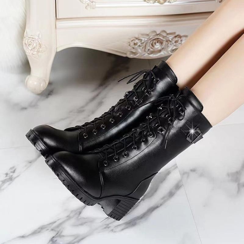New Women'S British Style Fashion Boots - Black Lace-Up Chunky Heel Ankle Boots With Side Zipper, Trendy Fall/Winter  Boots
