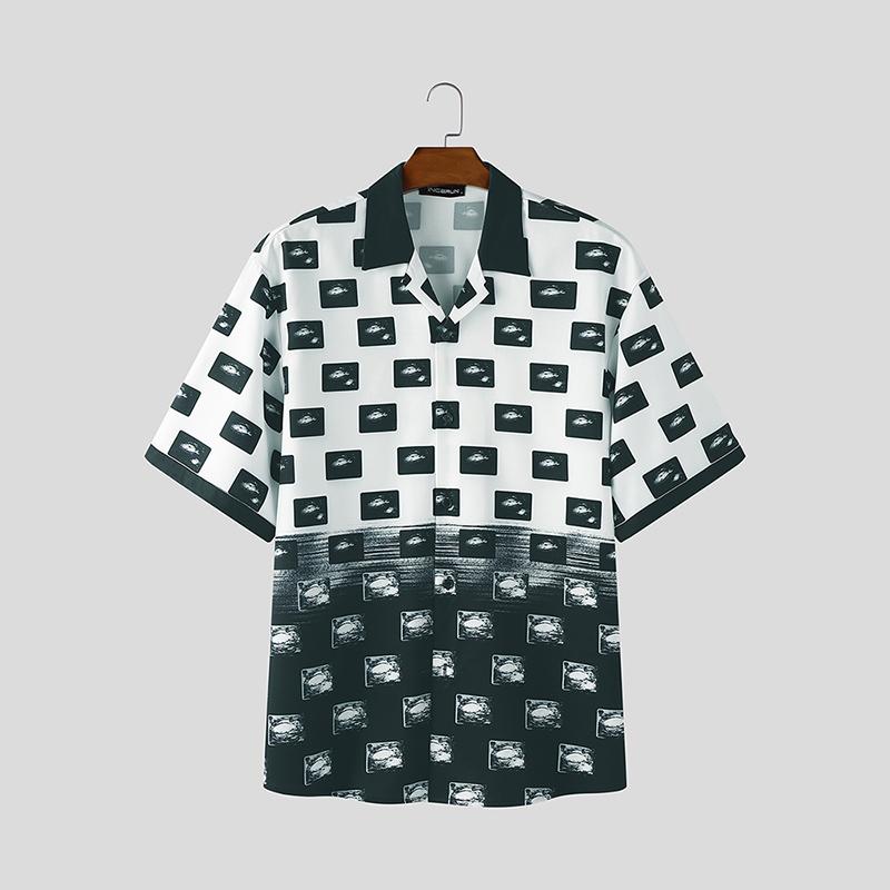 

INCERUN Men Lapel Short Sleeve Stitching Plaid Print Casual Oversized Shirts 4XL
