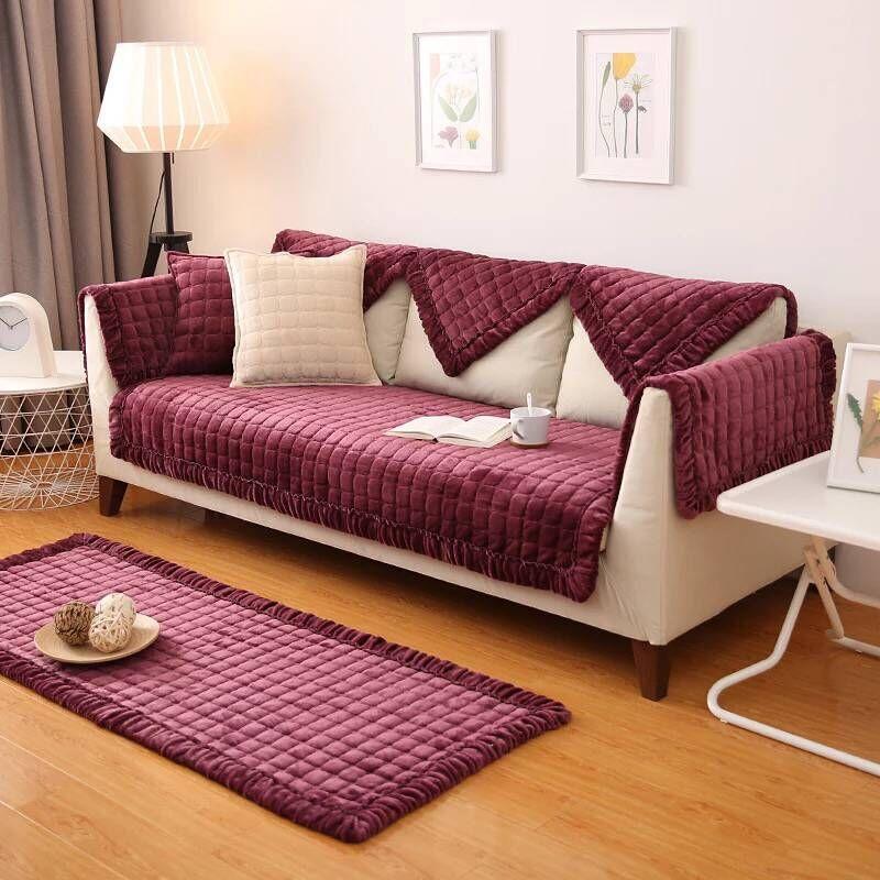 Simple Winter Short Plush Sofa Cushion Thickened Anti Slip Flannel Simple Modern Three Person Sofa Napkin Cover 8 Colors