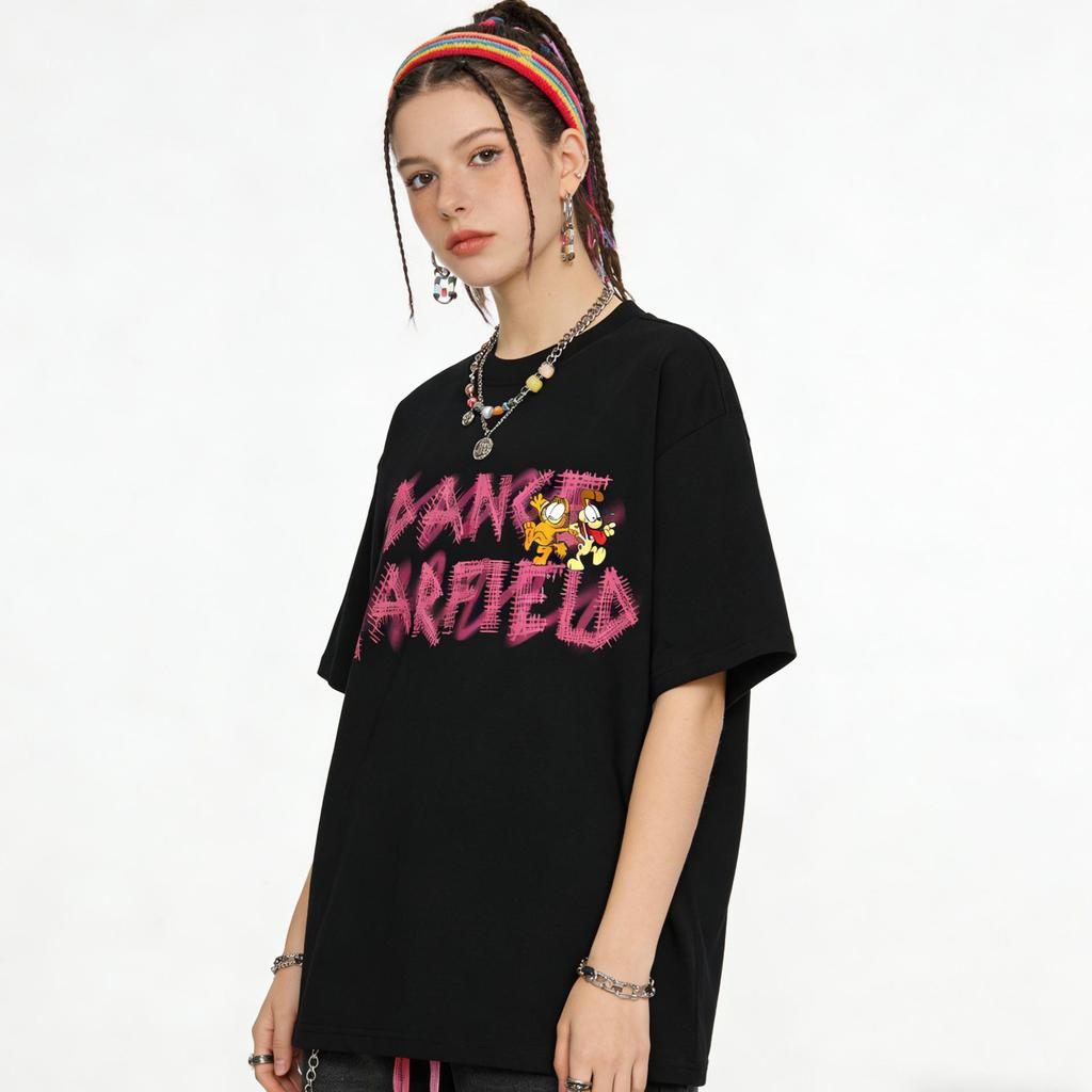 Garfield & Odie "DANCE GARFIELD" Graffiti Print Short Sleeve T-Shirt, American Streetwear Brand Heavyweight Cotton Loose Fit Oversized Couple Top