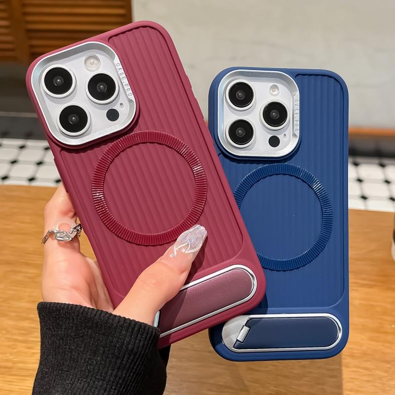 Luxury Stripe With Folding Bracket Plain Phone Case For iPhone 16 15 14 13 12 11 Pro Max Magnetic For Magsafe Wireless Charging