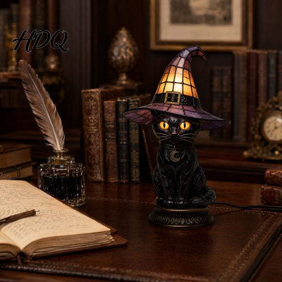 Halloween Room Decor Witch Hat Lamp Stained LED Light Table Lamp with Warm Glow Gothic Reading Nook Night Light for Bedroom Mantel Bookshelf