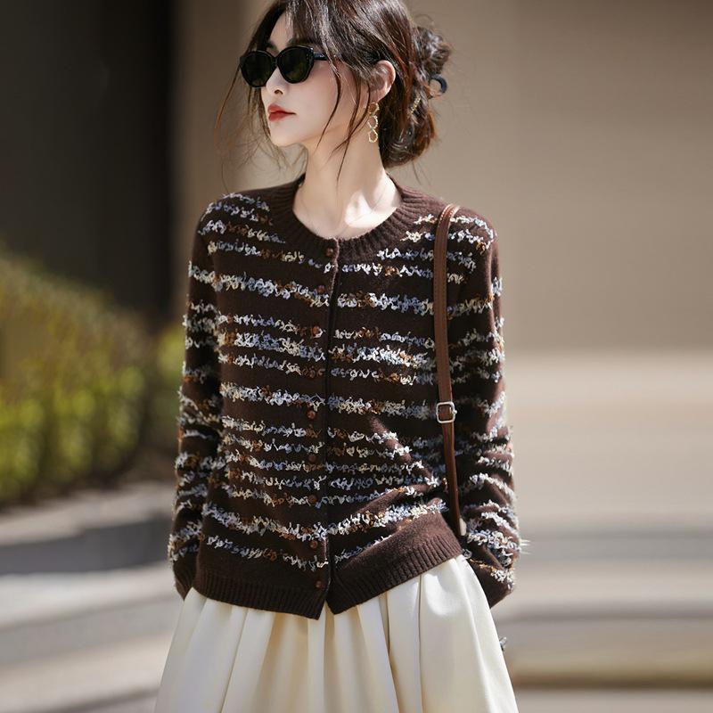 Dámský luxusní pletený vlněný kardigan - Volný střih, kulatý výstřih, svetr s dlouhým rukávem pro podzim/zimu