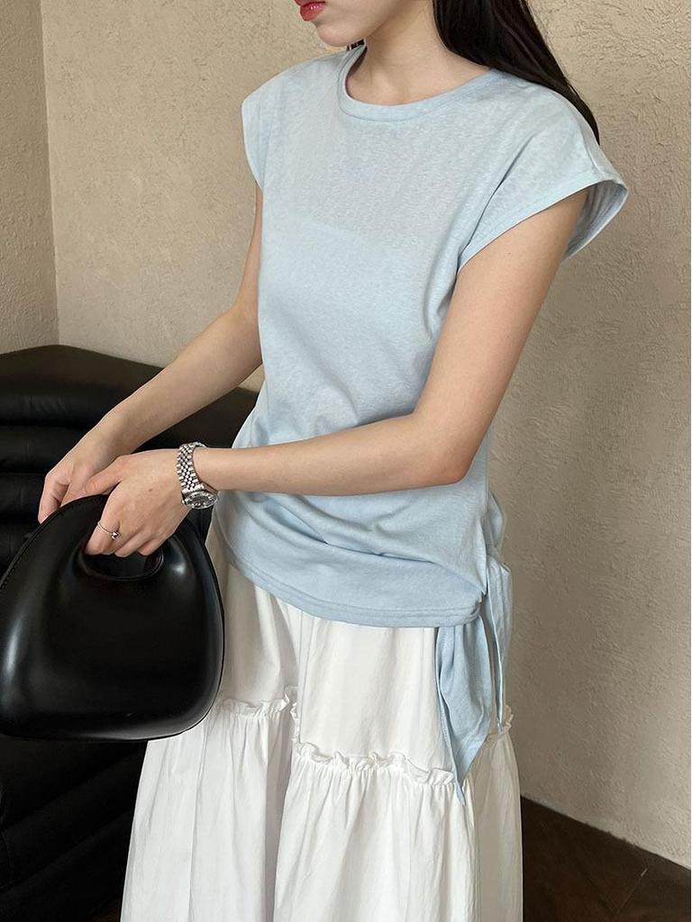LUXI Koreanisches Schlank geschnittenes Kurzarm-T-Shirt mit Schnürung und unregelmäßigem Saum für Damen