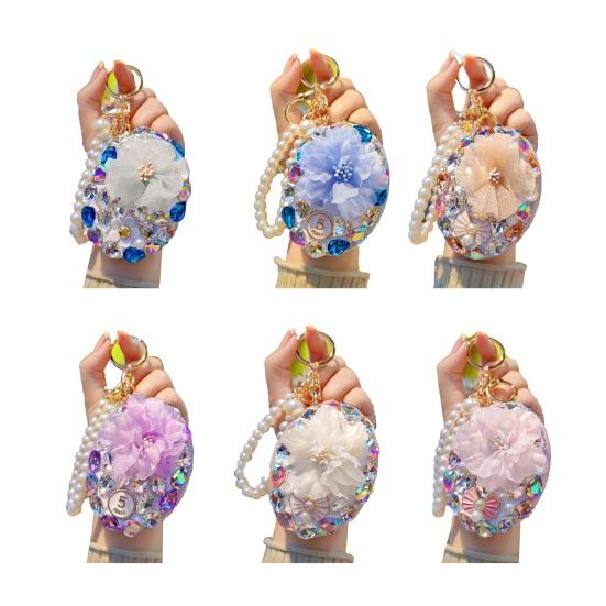 Rhinestone Bling Pocket Mirror Keychain Double-sided Round Folding Makeup Mirror Wristlet Bag Charm for Handbag Purse Travel Accessory