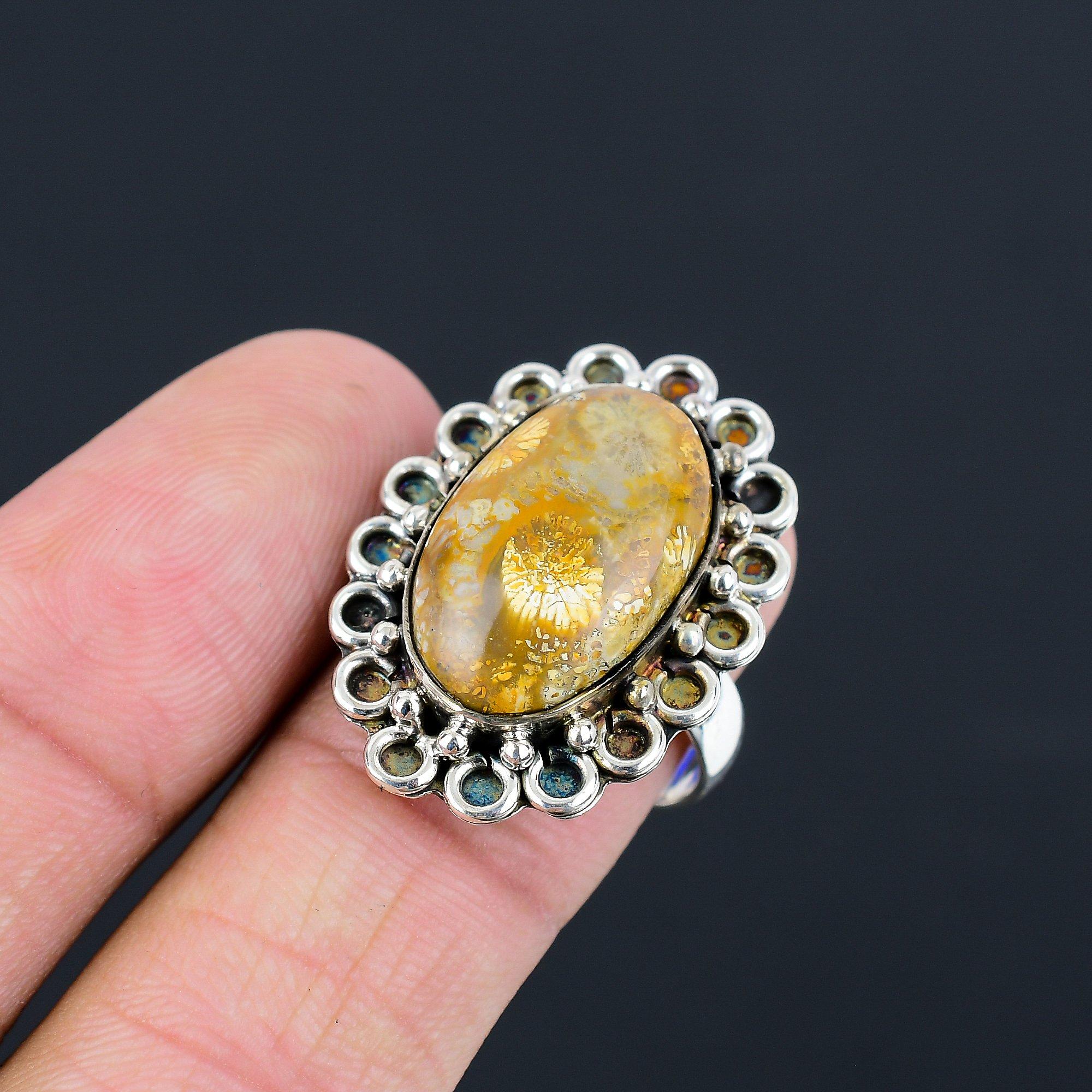 Sterling Silver Fossil Coral Gemstone Anniversary Solitaire Ring Jewelry US 9 9