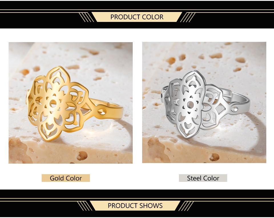 Dawapara Sacred Geometry Mandala Ring Lotus Flower Adjustable Women Ring Stainless Steel Buddhist Yoga Jewelry Spiritual Gift
