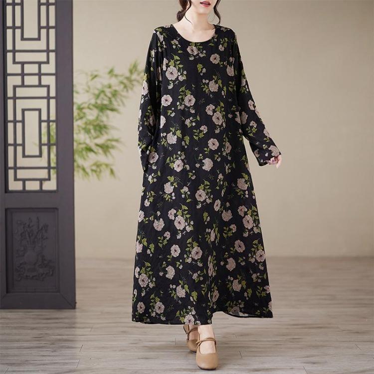 Summer Vintage Floral Linen Maxi Dress Long Loose Style Plus Size Women Lady Dress