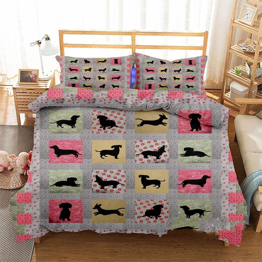 3D Digital Printing Three-Piece Set Cute Funny Dachshund Quilt Cover Pillowcase Bedding