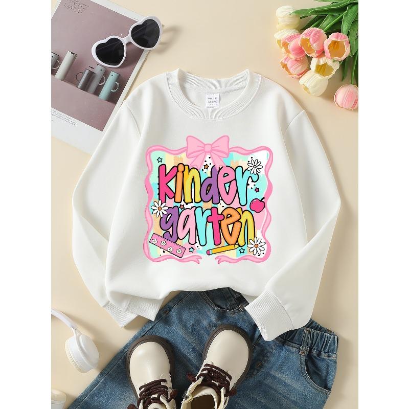 European sizes Kids Sweatshirt, Kids Clothes, Kids Round Neck Fashion Sweatshirt, Kindergarten Fun Colors Flowers Bow, Casual And Sporty 110 белый