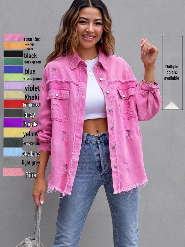 2025 Europäischer Stil Ausgefranste Jeansjacke - Damen Herbst/Winter Lässig Langarm Revers Oberteil