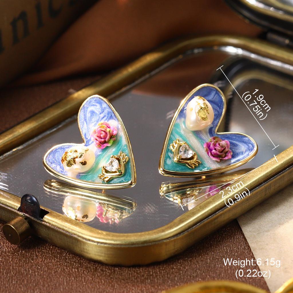 French retro oil painting style earrings niche high-end natural pearl stud earrings women's new Chinese hand-painted enamel earrings