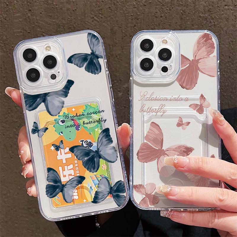 Butterflies Printed Soft TPU Clear Shockproof Casing Protective Cover Transparent Full Back Case with 1 Card Slot Holder