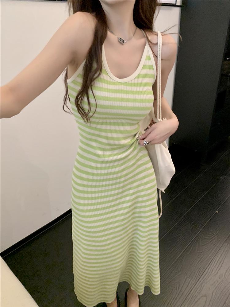 French Style Striped Suspender Knitted Dress: Backless, Slim Fit, Hip-Wrapped, Summer Women's Fashion