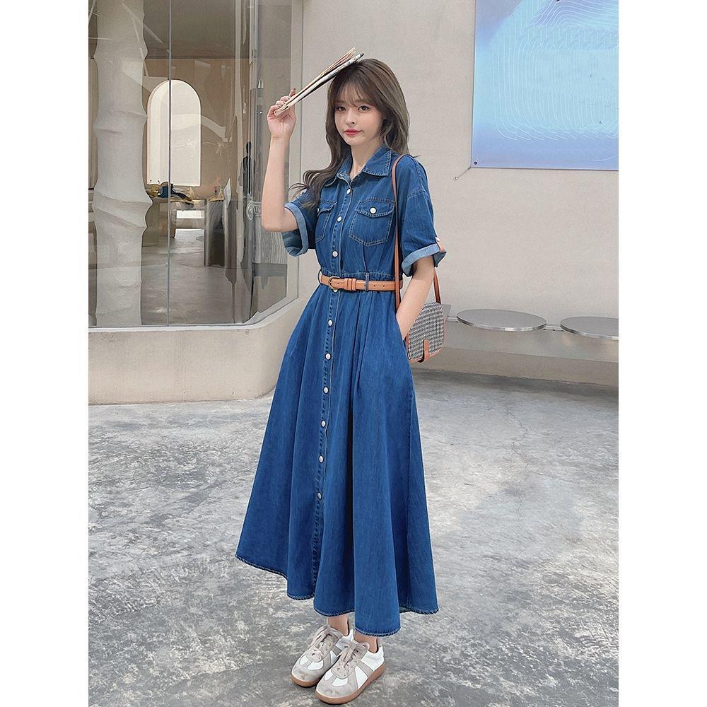 Korean Style Mid-Length Denim A-Line Shirt Dress for Women - 2026 Summer S