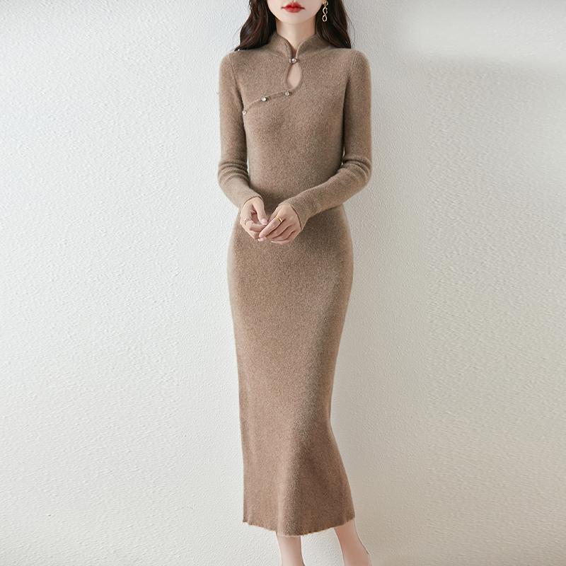 

Женское платье-свитер из 100% шерсти, длинный трикотажный пуловер, зимние джемперы, длинное платье из шерсти для женщин 2XL верблюд