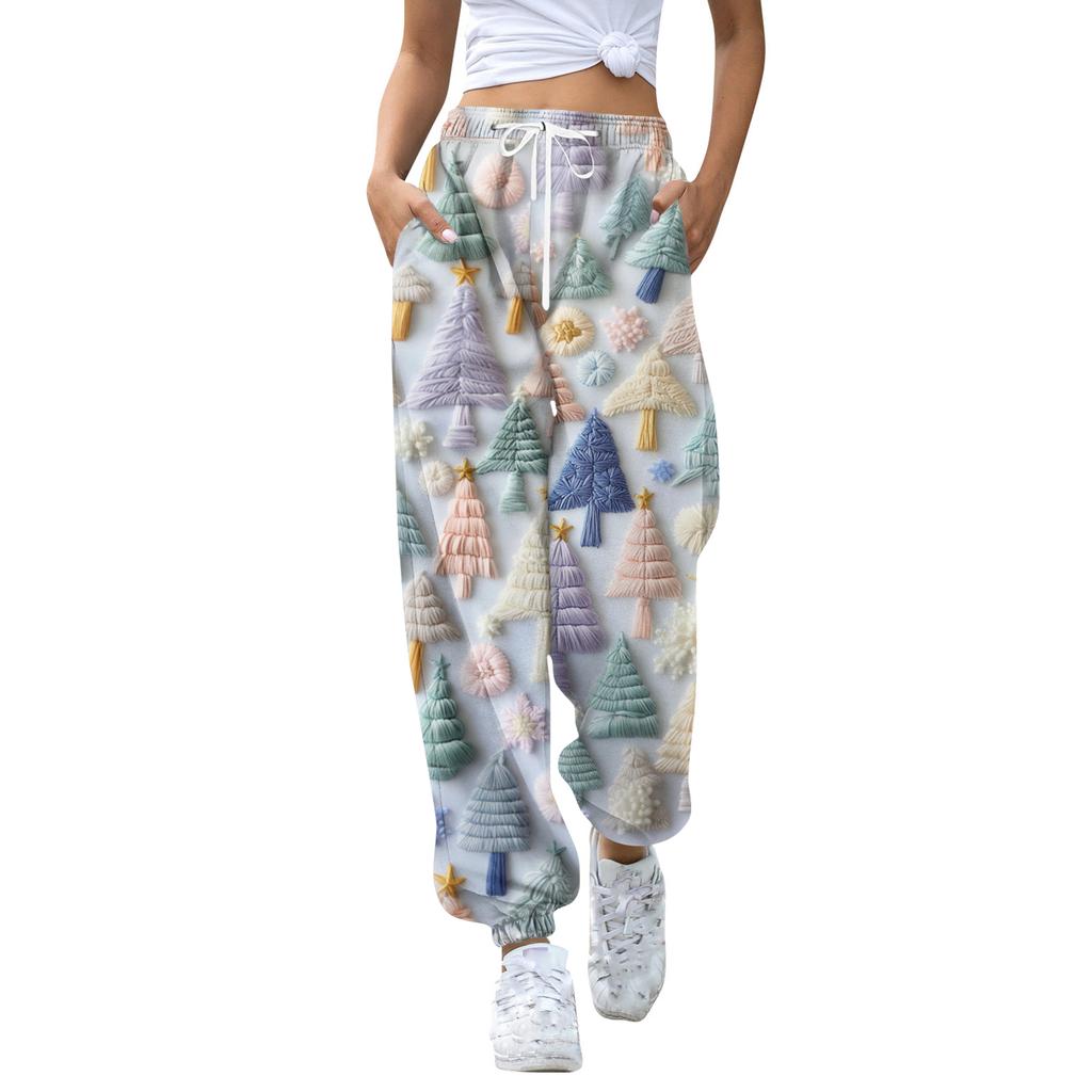 Pantalones deportivos casuales de moda para mujer con estampado navideño, cintura con cordón y puños en los tobillos
