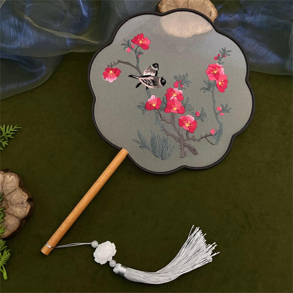 Flower Embroidered Silk Round Fan Chinese Hand Fans with Wooden Handle Tassel Wedding Party Dance Accessories Home Decor