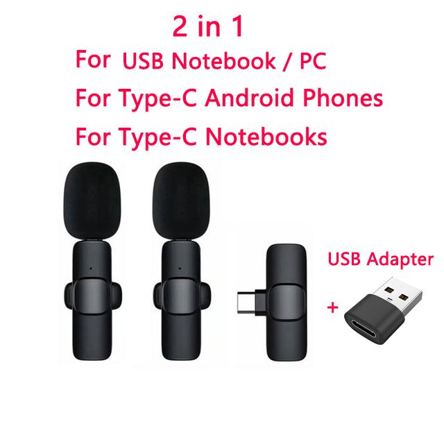 2 In 1 Wireless Lavalier Microphone Portable Audio Video Recording Live Broadcast Gaming for iOS Type C Live Broadcast Game Mic