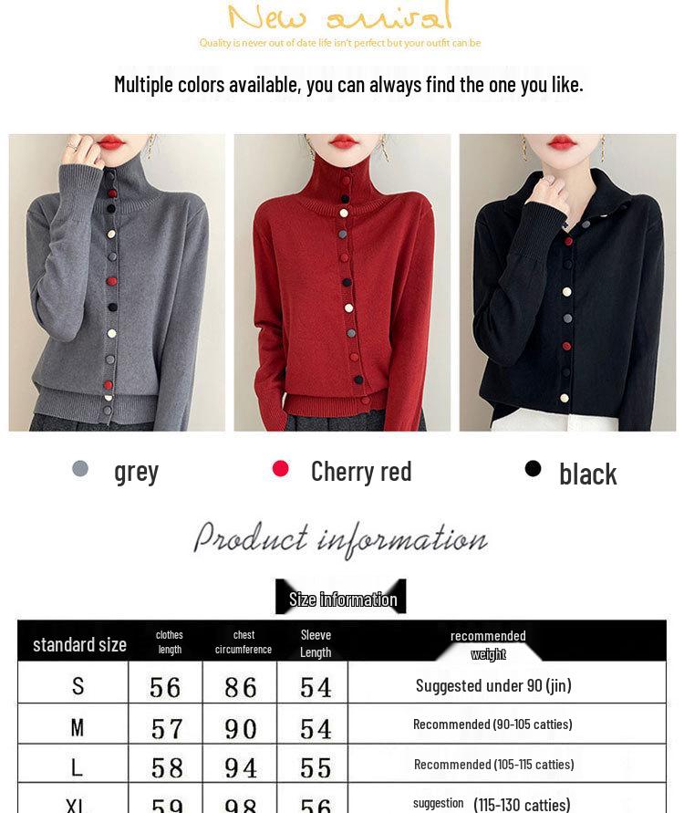 Women's Chic High-Neck Knit Cardigan - Autumn/Winter Single-Breasted Versatile Sweater