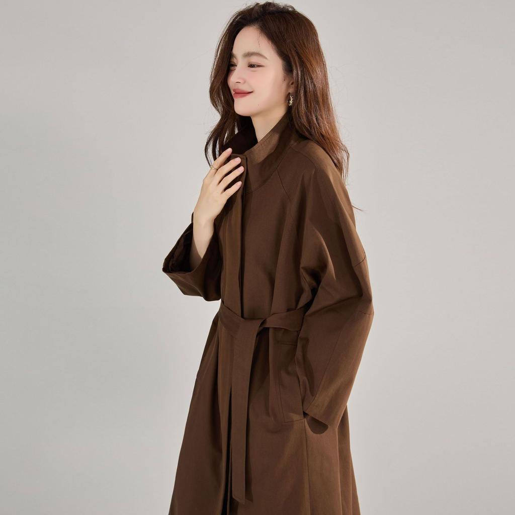Spring and Summer Simple Big-name Medium and Long Heavy Industry Stand-up Collar Silhouette Trench Coat Loose Temperament Cotton Coat 15887