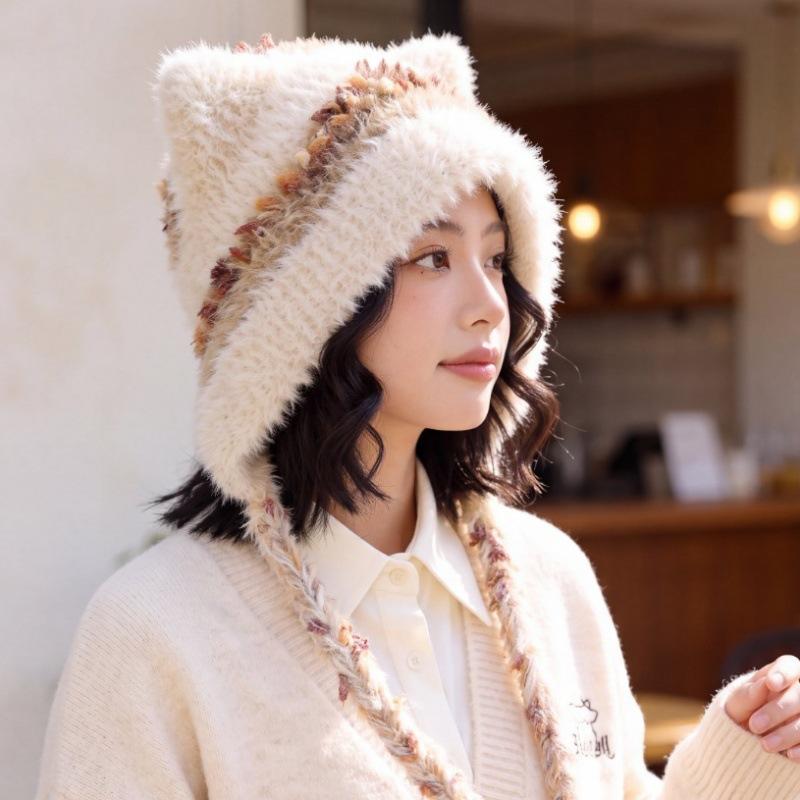 Autumn and winter hats, women's warm and cute cat ear wool hats, knitted hats, versatile and face-showing small literary headgear tide